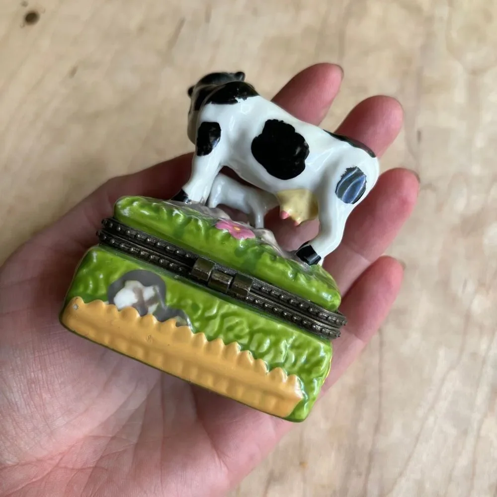 VTG Mama & Baby Cow Trinket Box Ceramic Farmhouse Jewelry Box